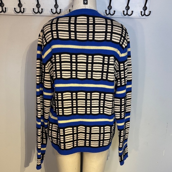 V-Neck Vintage Austrian Virgin Wool Sweater in Blue and Black Checkered Pattern - Picture 4 of 7